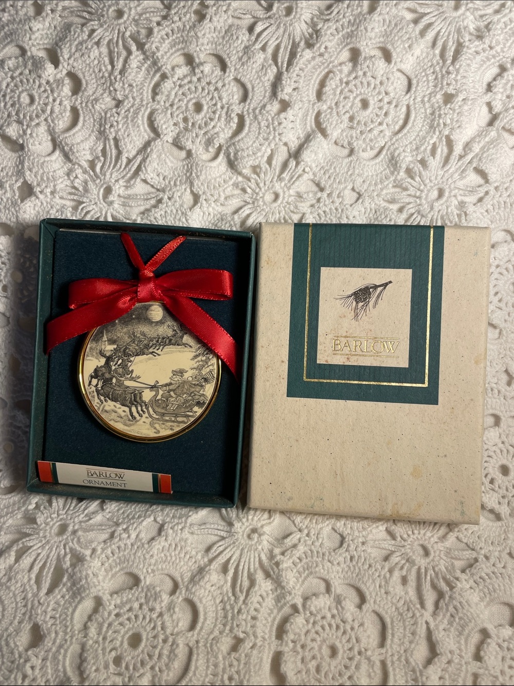 Vintage Barlow Gold Holiday Ornament with Red Ribbon In Box